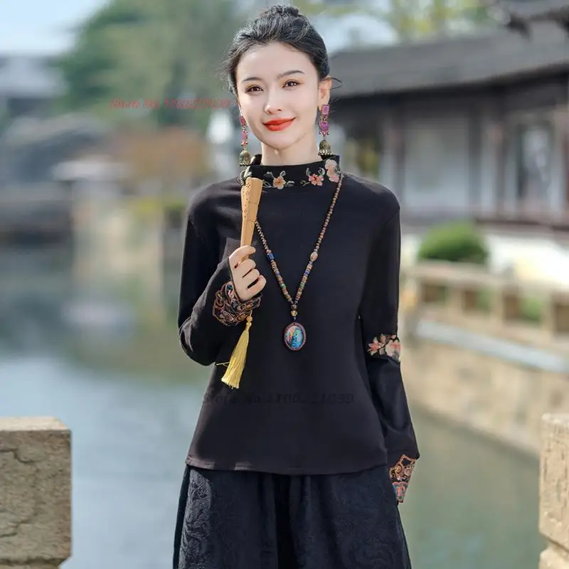 

2024 national flower embroidery base shirts ethnic stand collar shirt chinese vintage hanfu tops oriental tang suit streetwear