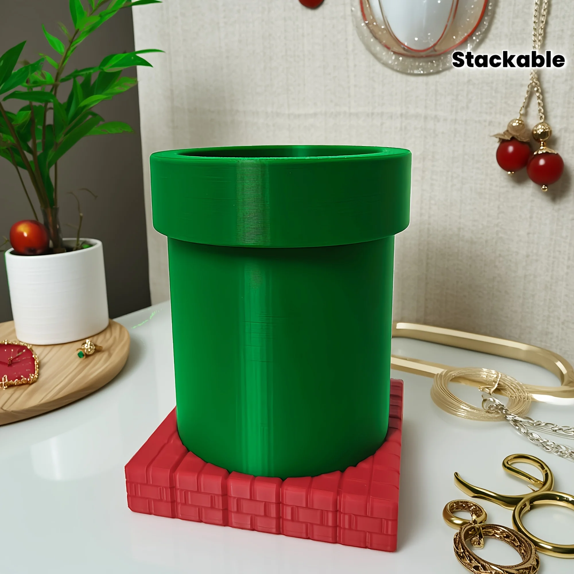 1 Creative Pen Holder Green Pipe and Red Brick Combo Set. Creative Storage Pen Holder in Retro Gaming Style for Your Desk. Stac