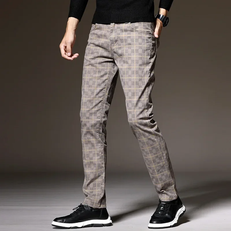 Men's Plaid Pants Dress Classic Formal Slim Fit Casual 2024 Autumn Cotton Stretch Black Work Office Youth Fashion Trousers Male