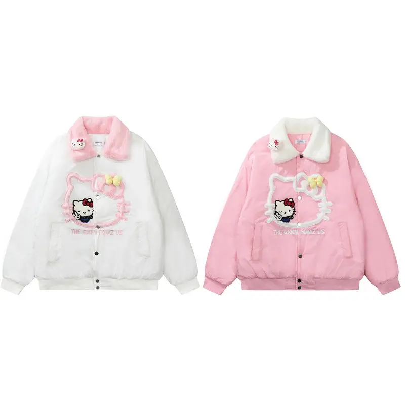 Sanrio Hellokitty Original American Plush Embroidered Lapel Jacket Girl Autumn Winter Warm Cute Warm Cotton Jacket Gift