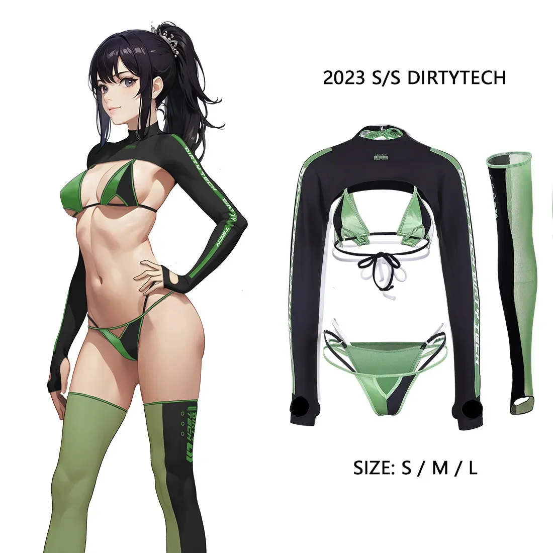 Anime Wave Long Sleeve Bikini Set for Women Racing Girl Swimsuit with Foot Socks Beachwear