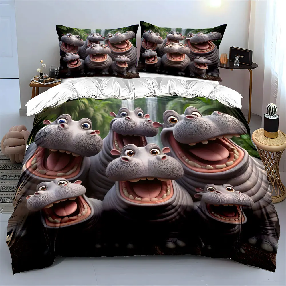 

"Cartoon Hippo Trio Decor Set" Soft Comfortable Duvet Cover Bedding Set Included 1*Duvet Cover & 2*Pillowcases, gift
