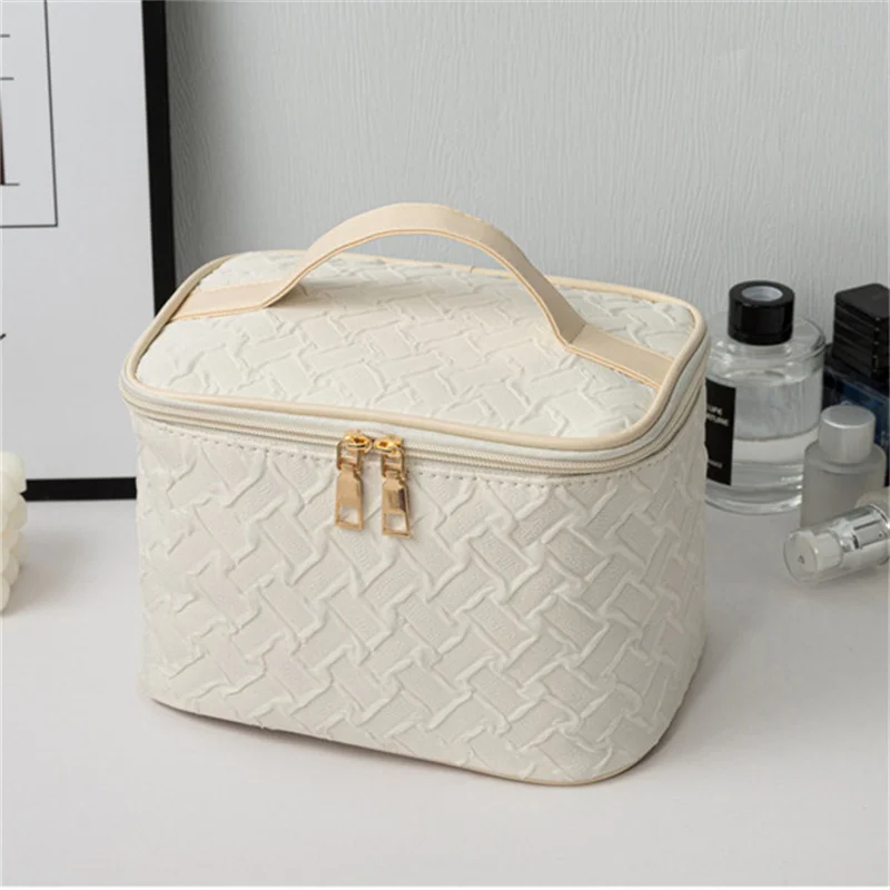 White Premium Large capacity Portable Travel Makeup Bag, Multi-functional Cosmetic Organizer, Stain-resistant, Handheld Square B