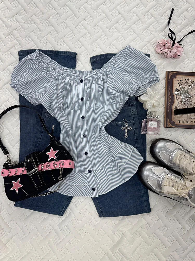 

Original Design Floral End Summer Blue Stripes ort Sve irt for Girls Vintage Slim Fit Cotton Blend Casual irt