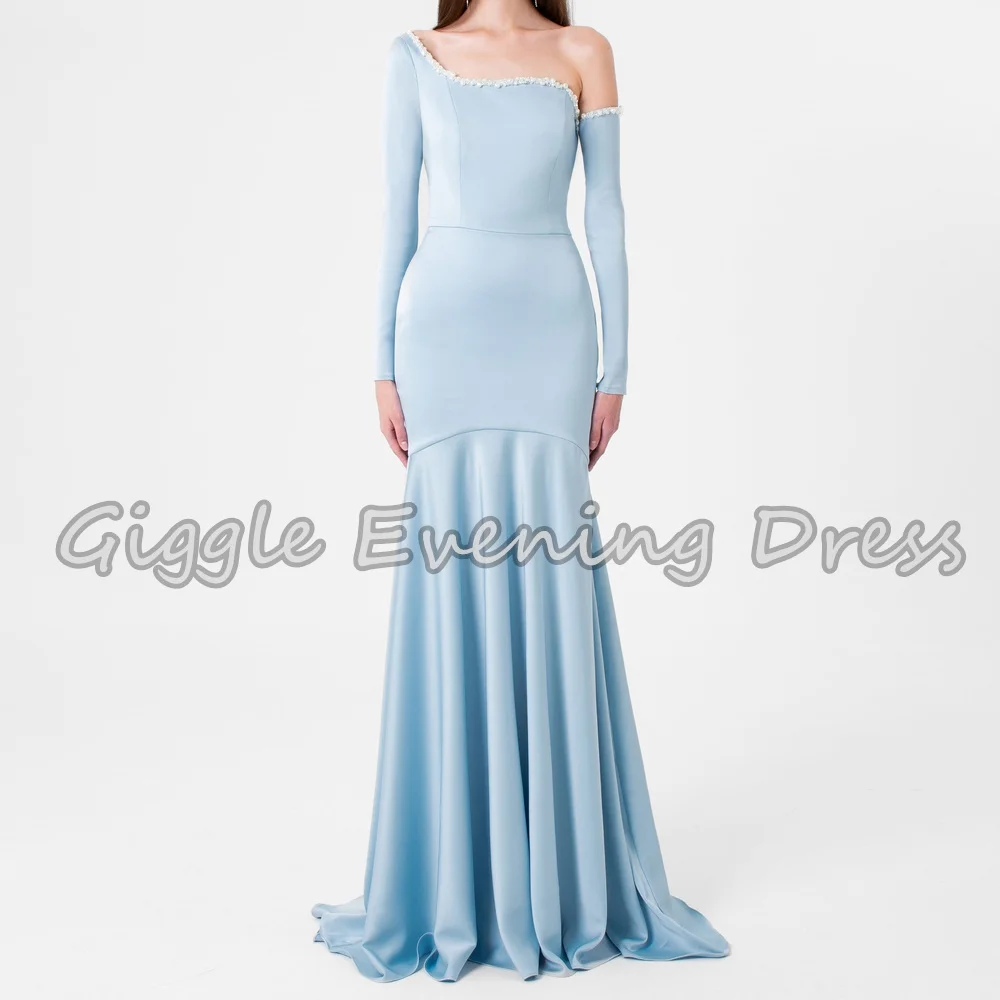 

Giggle Crepe Mermaid One-shoulder Neckline Pleats Floor Length Beading Saudi Evening Dresses For Women 2025 With Long Sleeves