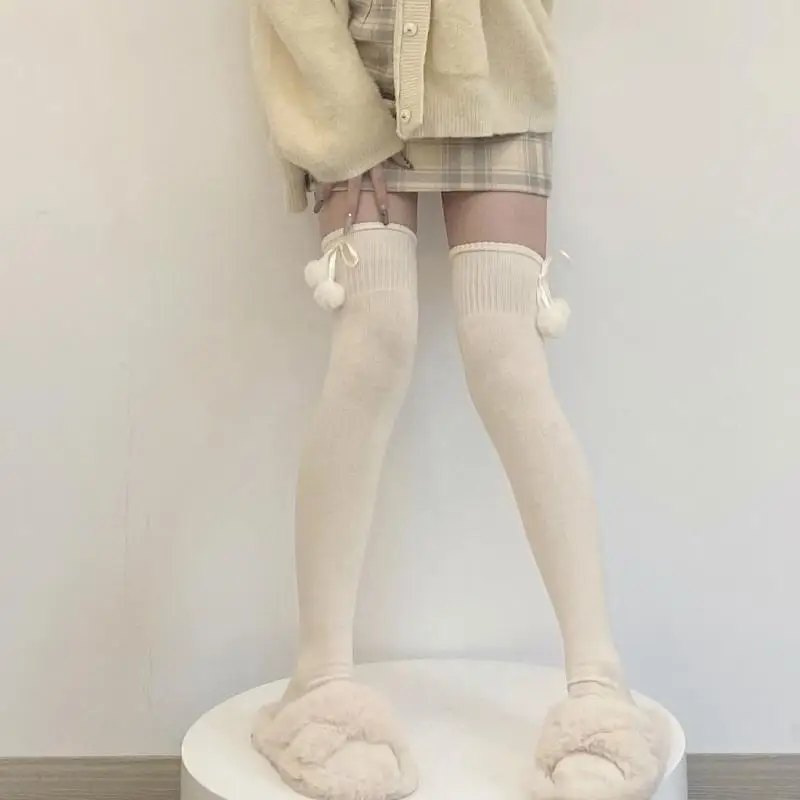 195E Vrouwen Winter Warm Faux Gebreide Dij Hoge Kousen Schattige Pluche Haarbal Strik Over Knie Sokken beenwarmers
