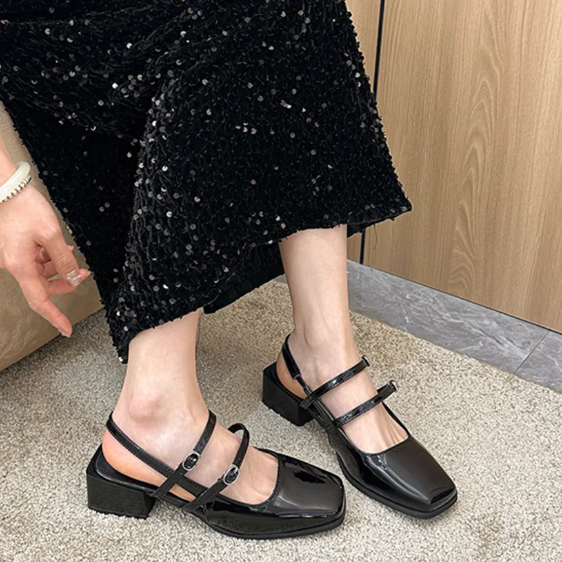 2025 New Spring Faux Patent Finish High-heel Shoes with Straps Slingback Fashion Pumps for Women Square Toe Block