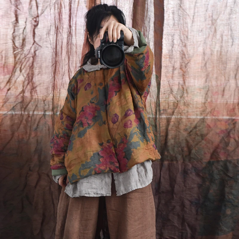 الربيع خمر نمط س الرقبة الأزهار طباعة فضفاضة الإناث طويلة الأكمام معاطف M1218 المرأة القطن الكتان سترات رجالي جديد وصول 2025 #6