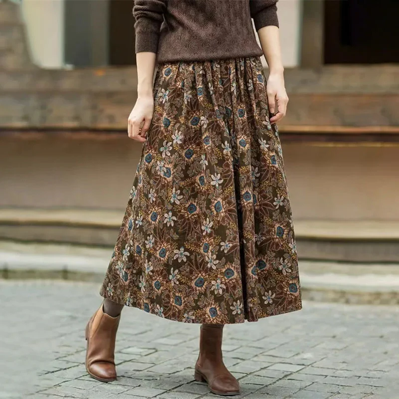 2024 Spring Autumn New Skirt Women 100% Cotton Elastic Waist Skirts Summer Retro Printed Mid-Long Large Size Loose Skirt Female