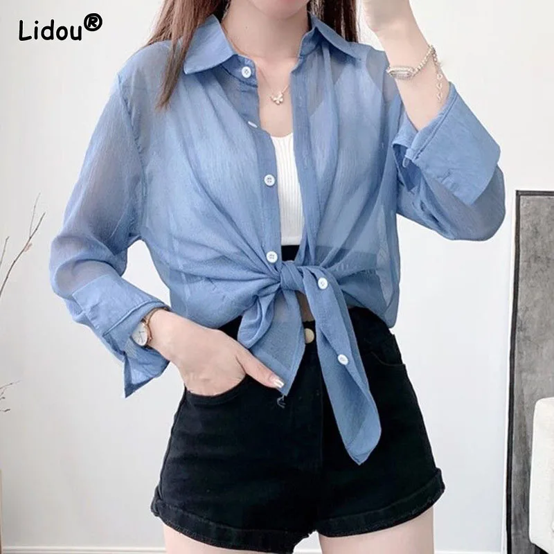 Nuovo solido colletto rovesciato primavera estate sottile camicia donna manica lunga in Chiffon pianura monopetto abbigliamento donna dritto