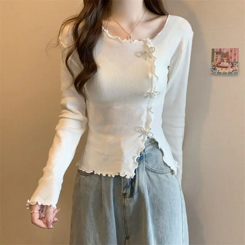 Edible Tree Fungus Bow T-shirts Women Long Sleeve Slim Tops Korean Fashion Irregular Ulzzang All-match Spring Casual Stylish