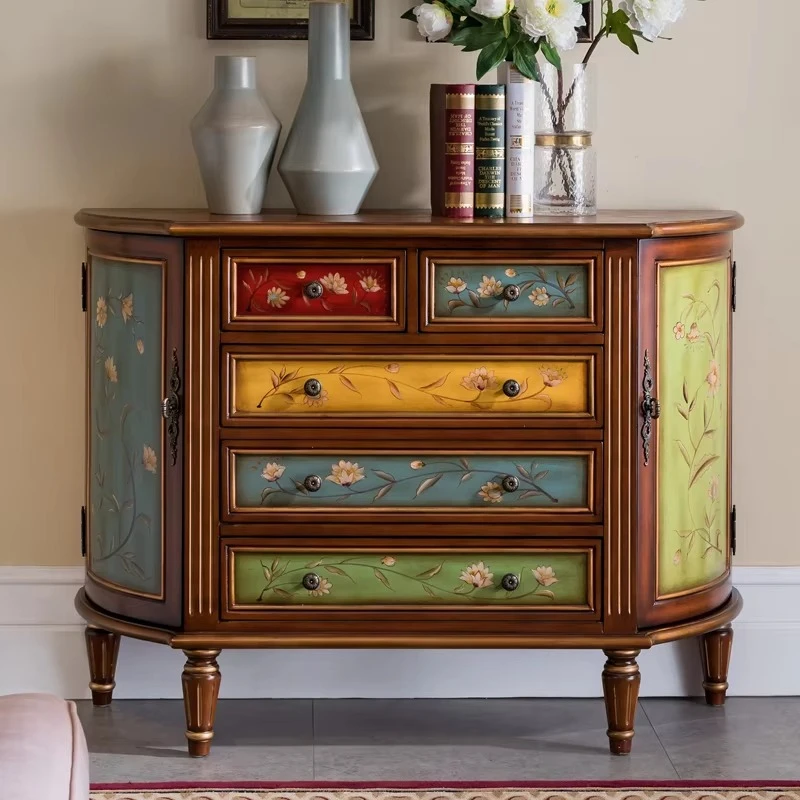 

European-style entrance cabinets Solid wood country 5-drawer cabinets, semi-curved entrance table Painted cabinets, storage