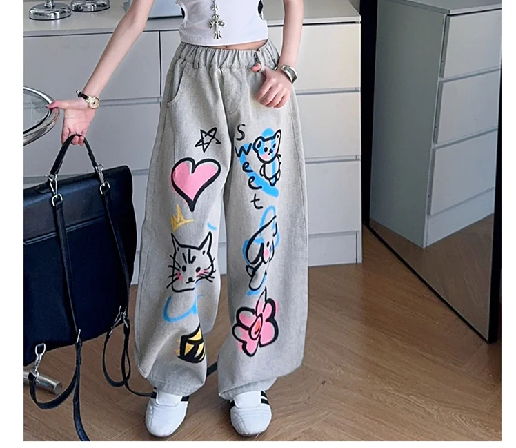 American Girl Baggy Washed Jeans Kinder Retro Harajuku Cartoon Print Denimhose Kinder Hip Hop Streetwear Hose mit Zeichnungen – Detail 3