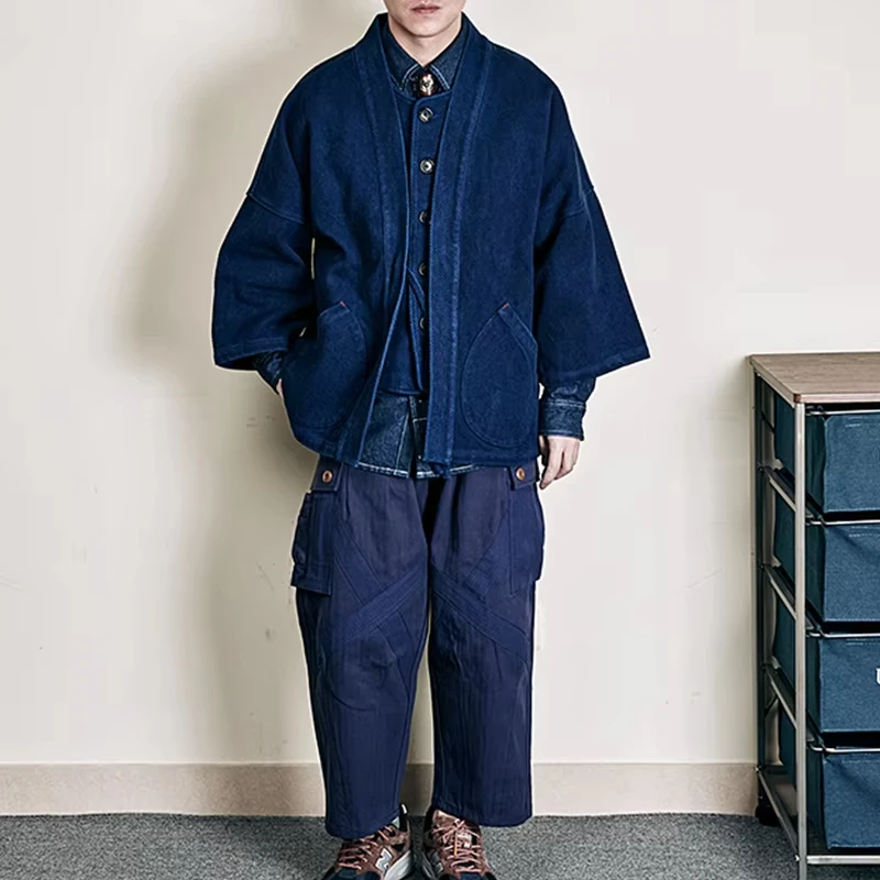 سترة كلاسيكية ثقيلة الوزن من النيلي للرجال من القطن Kendo بدلة قماش الخريف للرجال بجيوب فضفاضة مصبوغة باللون الأزرق سترة غير رسمية معطف سترة صوفية #2