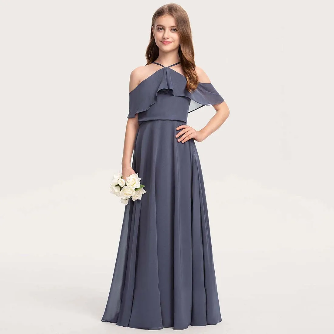 YZYmanualroom gaun Chiffon Junior pengiring pengantin dengan Cascading Ruffles A-line Cold Shoulder Halter lantai 2-15t