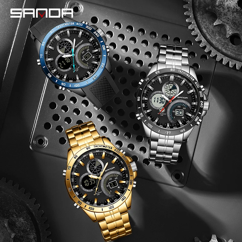 SANDA 3175 модные мужские цифровые кварцевые часы с двойным экраном, черные технологии, многофункциональные водонепроницаемые мужские электронные наручные часы
