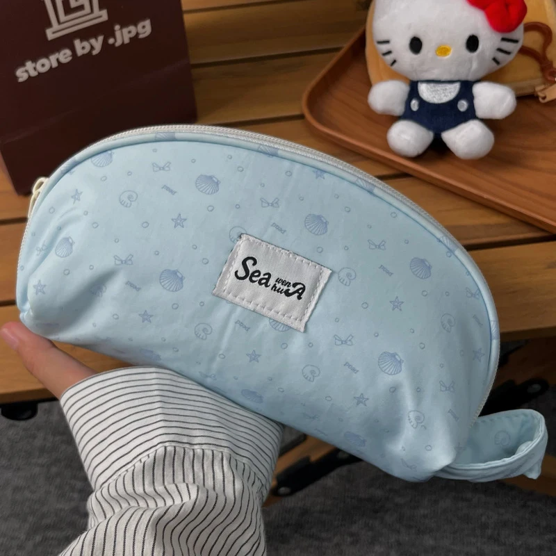 Ins Style Cute Simple Pencil Case, Large Capacity Blue Sea Shell Pouch for Students, Canvas Pen Holder Stationery Organizer for