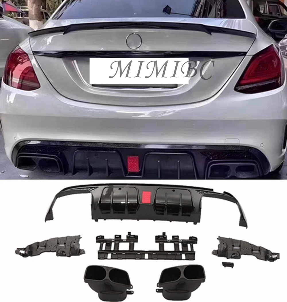 FOR Mercedes Benz C Class W205 C205 S205 AMG 4 Door Line Rear Bumper Diffuser Lip 2015 -2020 Diffuser + Exhaust Tips C63 Style