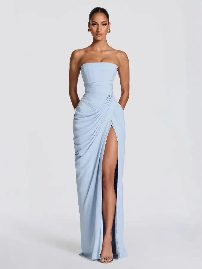 Women Sexy Solid Pleated Strapless Dress Lady Chic Off-shoulder Backless High Waist Split Dresses 2026 New Evening Party Gown