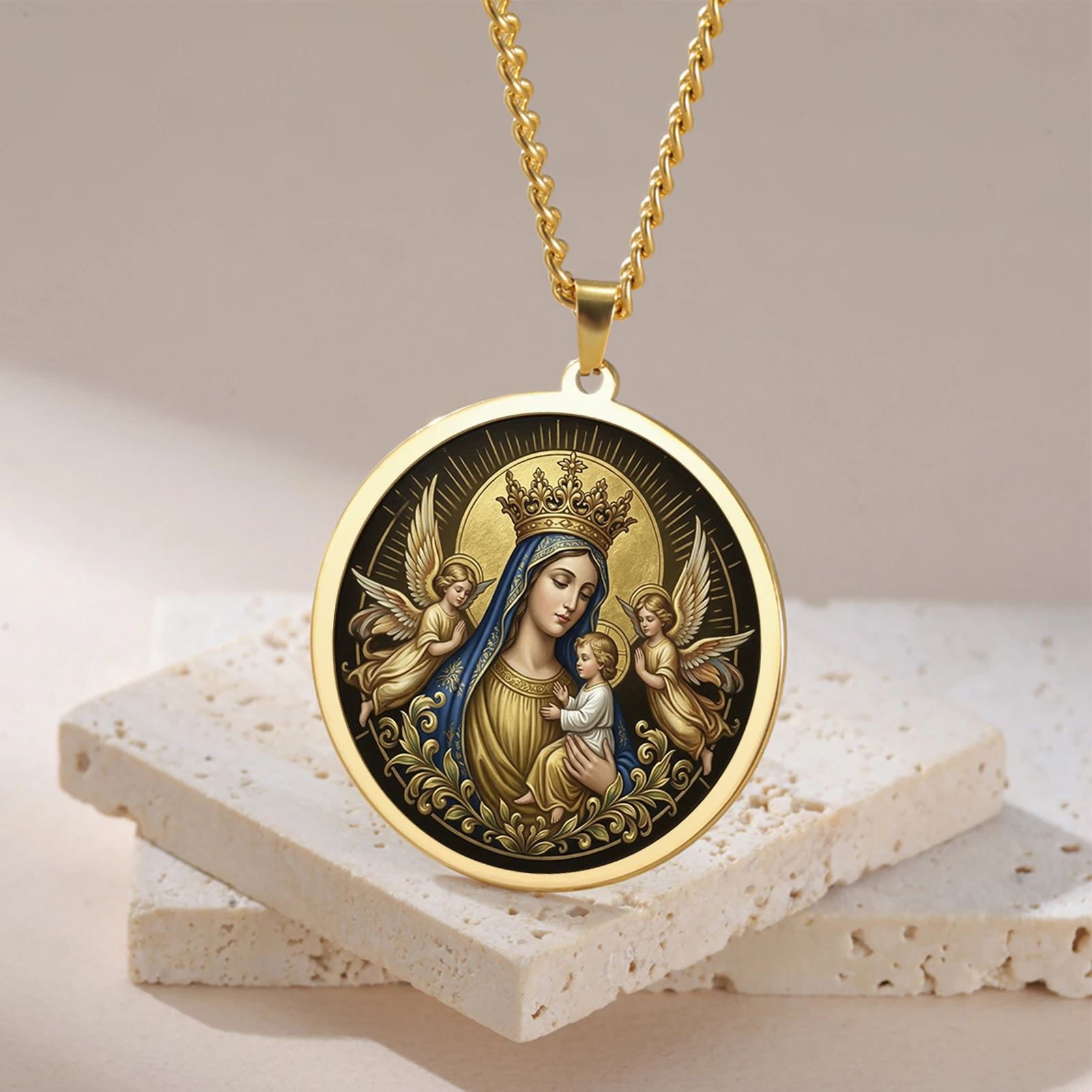 Lucktune Crowned Virgin Mary With Jesus Pendant Necklace Stainless Steel Angels Necklace Religious Amulet Jewelry Gifts New Sale