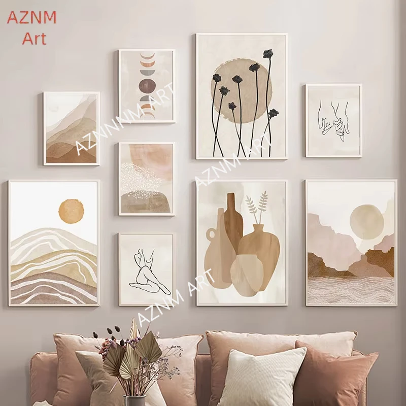 1pc Boho Berg Fluss Mond Vase Blume Wand Kunst Leinwand Malerei Abstrakte Beige Poster Und Drucke Bilder Für Wohnzimmer