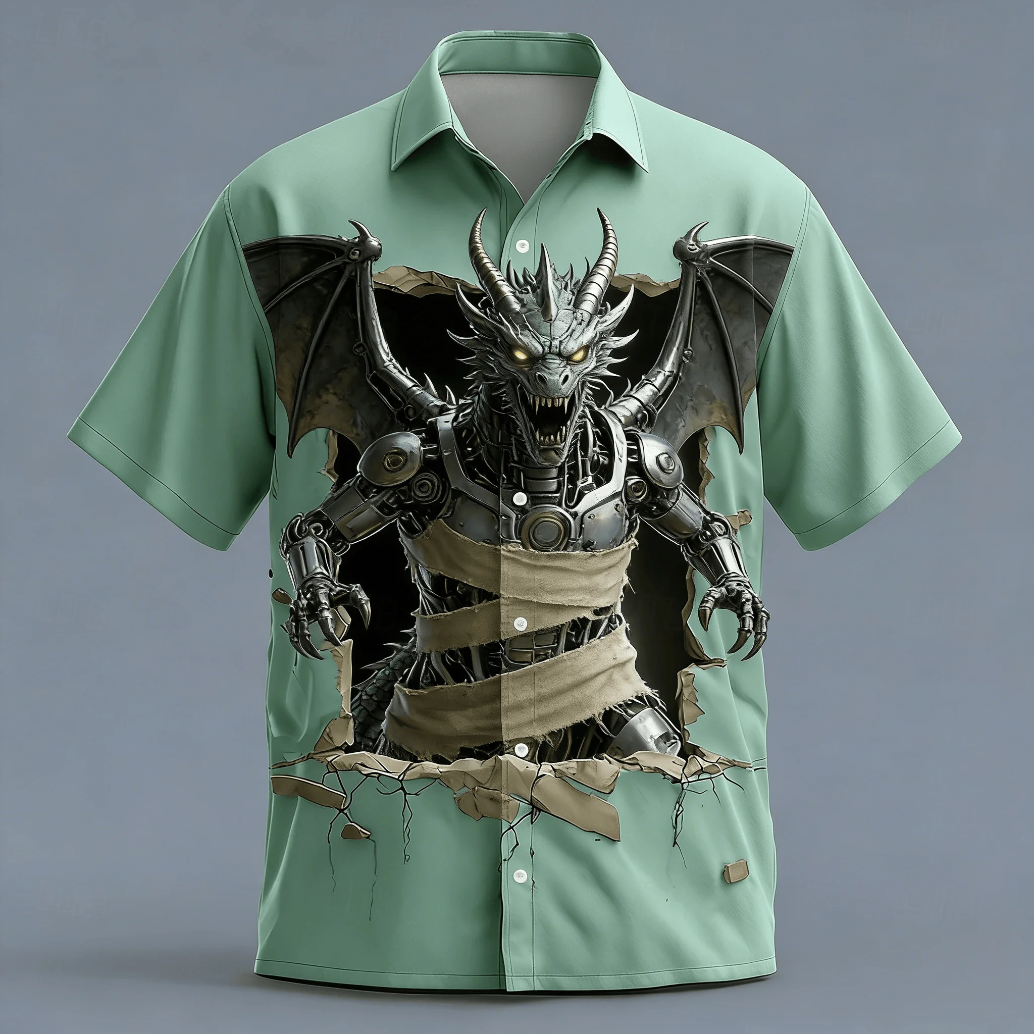 Men's Steampunk Shark 3D Print Short Sleeve Shirt, Mechanical Predator Breakthrough Wall Design Button Down for Spring Summer
