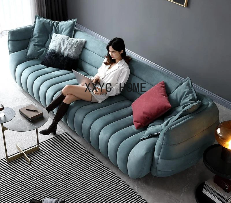 

Modern Living Room Couch Frosted Technology Cloth Blue Fabric Sofa High-End ItalianHome Furniture Designer Curved Sofa