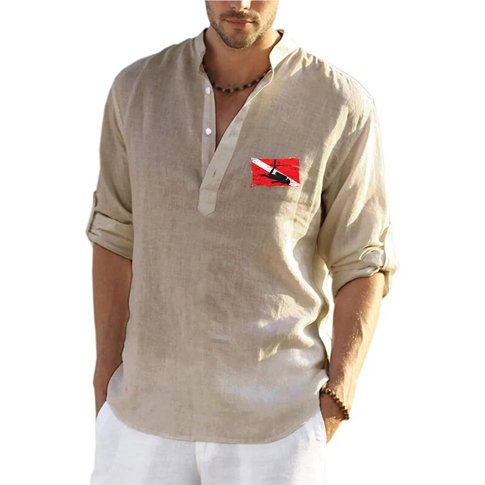 Vintage Scuba Diving Flag Men's T Shirt Long Sleeved Casual Men's Lapel Long Sleeved Shirt Business Casual Commuting Versatile