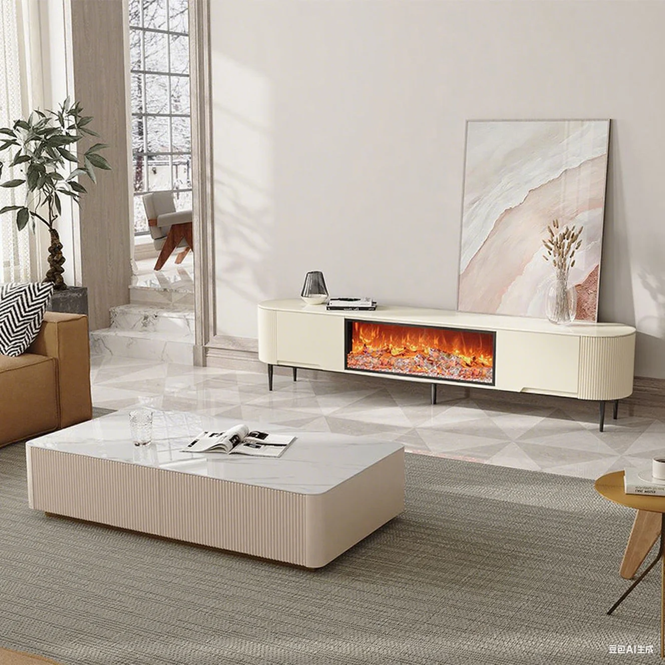 xx-FSC-certified Wood TV Cabinet, Fancy New Design Living Room Furniture Modern Electric Fireplace Tv Stands Coffee Table Set