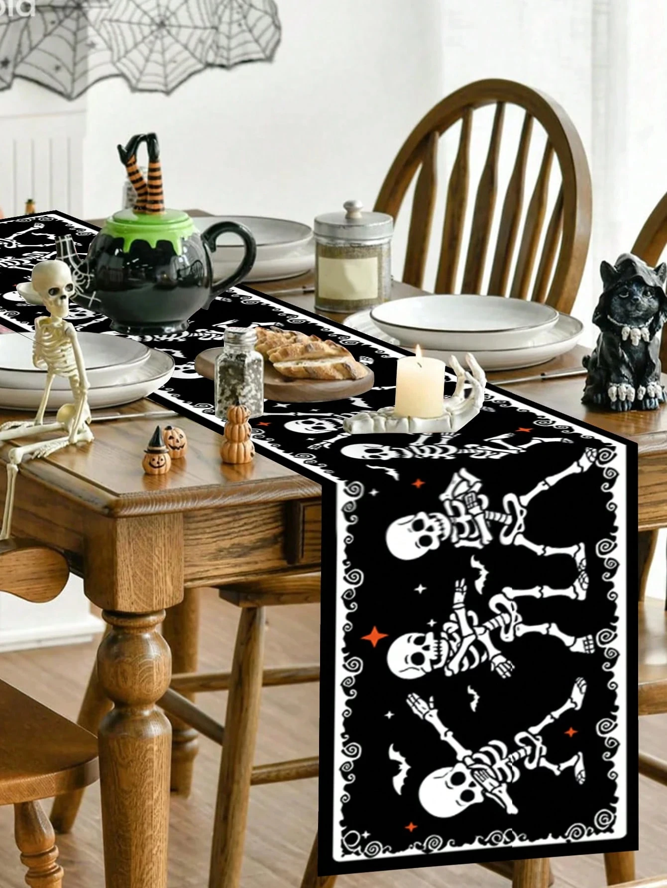 1pc Halloween Table Runner,2D Dancing Skeleton Bat Star Print Multi‑Size Tablecloth,Holiday Decor for Dining Table Kitchen Livin