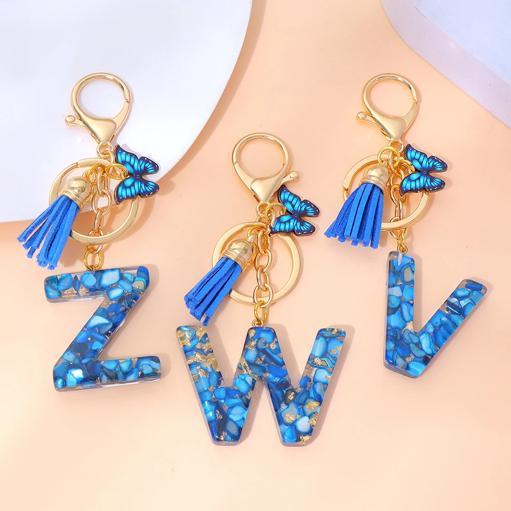 Classic Resin Blue Stone Filled Initals Keychain Gold Foil 26 Letters Name Keyrings With Butterfly For Women Girl Festival Gifts