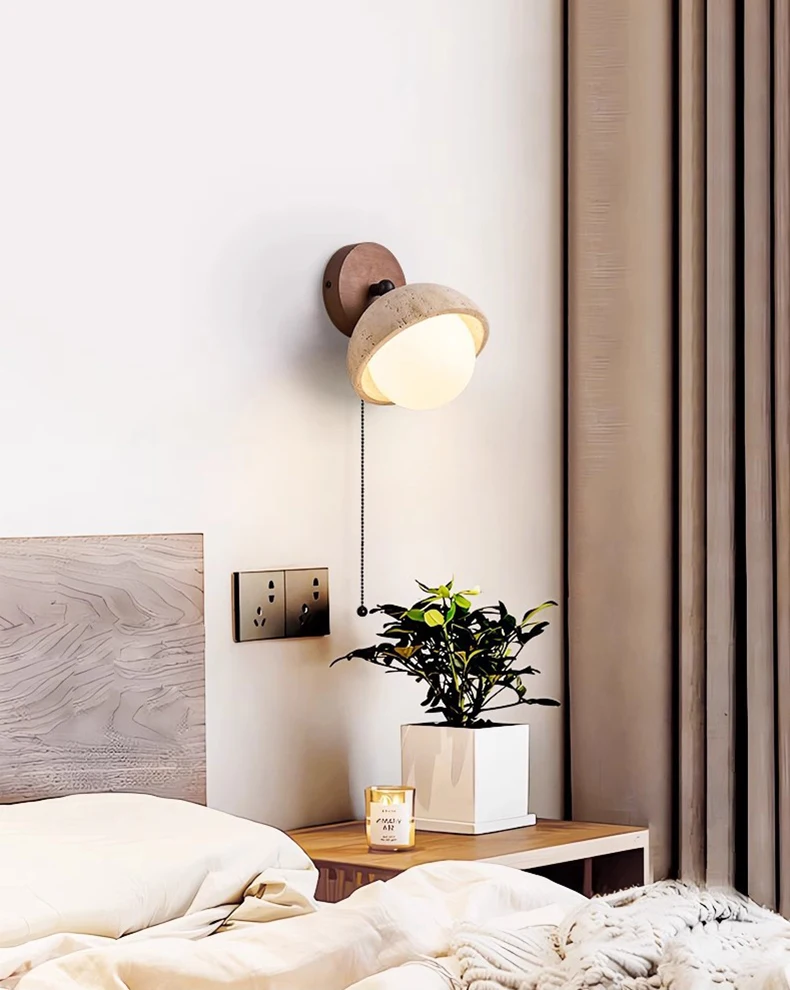 Dark Wood Base LED Wall Lamp Real Stone Vintage Sconce