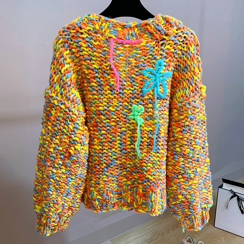 Women Colorful Dopamine Chunky Cardigan Sweet Handmade Knit Top 2023 Winter New In Y2k