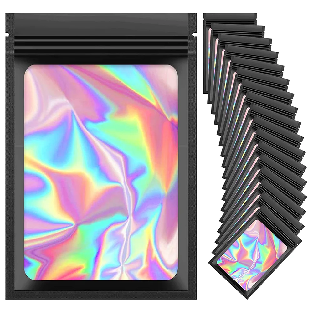 100pcs Smell Proof Mylar Bags Holographic Laser Color Plastic Packaging Pouch Jewelry Retail Storage Pouch Gift For Food