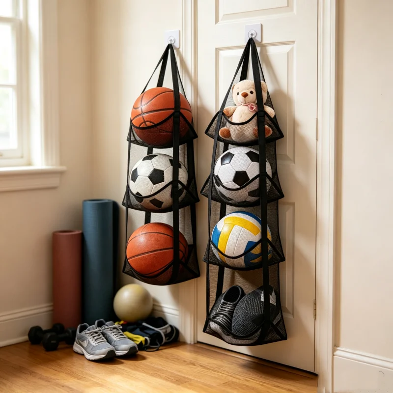 Multi-layers Mesh Vertical Hanging Storage Bag Wall Mount Home Door Organizer for Basketball Football Sports Toys Shoes Helmet