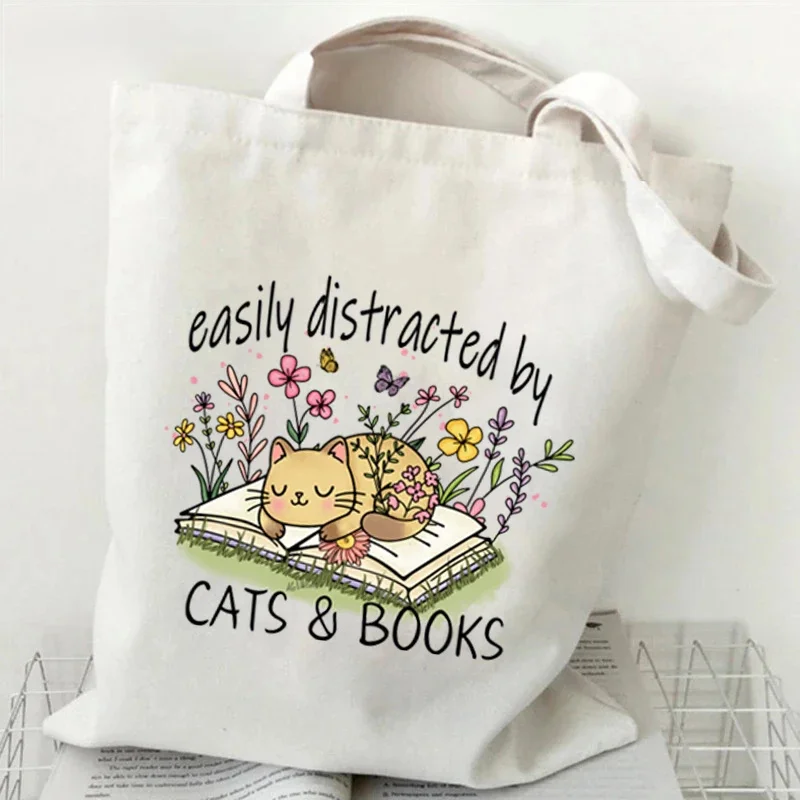 Shoulder Bag Books Owl and Cat Canvas Tote Bag Women Wildflowers Bookworm Lovers Shopping Bag Animal Reading Female Handbags