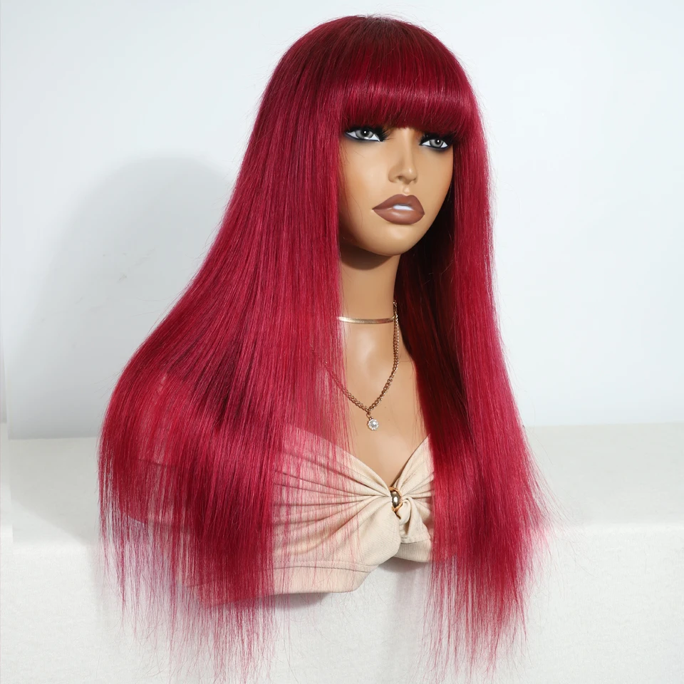 Sleek Human Hair Wigs With Bang Brazilian Straight Red Burgundy Human Hair Wigs Brown Color 4# For Black Women None Lace Wigs