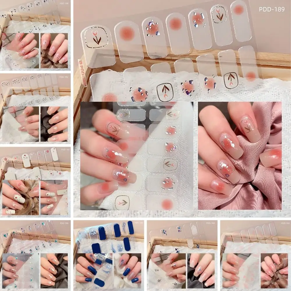 14Strips Gel Nail Stickers Easy To Removal Semi Cured Full Cover Nail Art Stickers Floristic Nail Patch DIY Nail Art Making