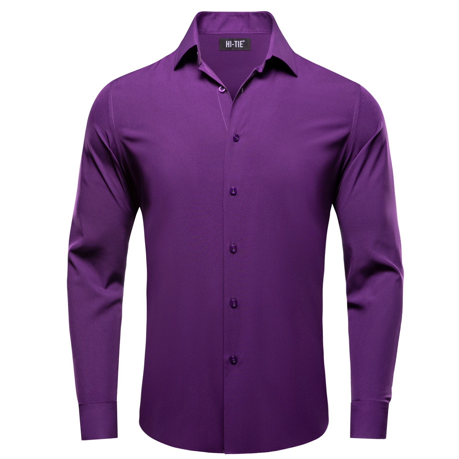 Hi-Tie Plain Solid Silk Men\'s Shirts Purple Long Sleeve Lapel Dress Suit Shirt Blouse Micro Elastic Comfortable Wedding Business