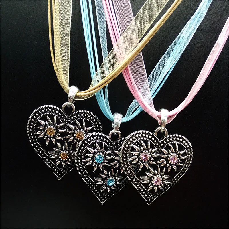 Fashion Vintage Silver Color Heart Edelweiss Necklaces for Women Multicolor Ribbon Pendants Dirndl Costume Jewelry Wholesale