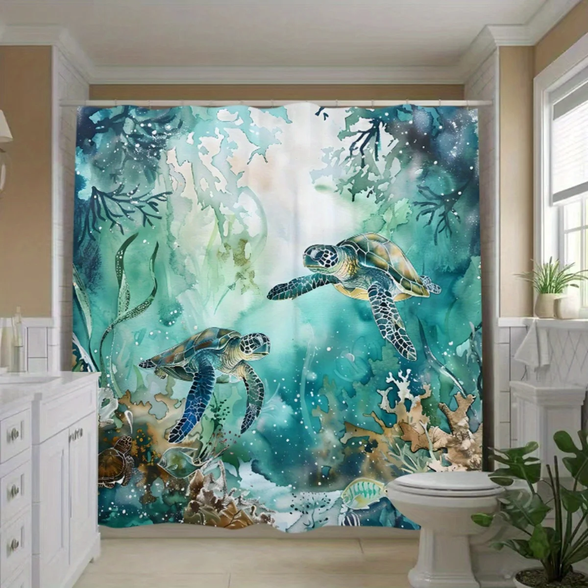 

Художественная занавеска для душа в ванной «Морские черепахи» для плавания в воде — полиэстер премиум-класса, крючки без сверления, сверхширокий круглый дизайн,