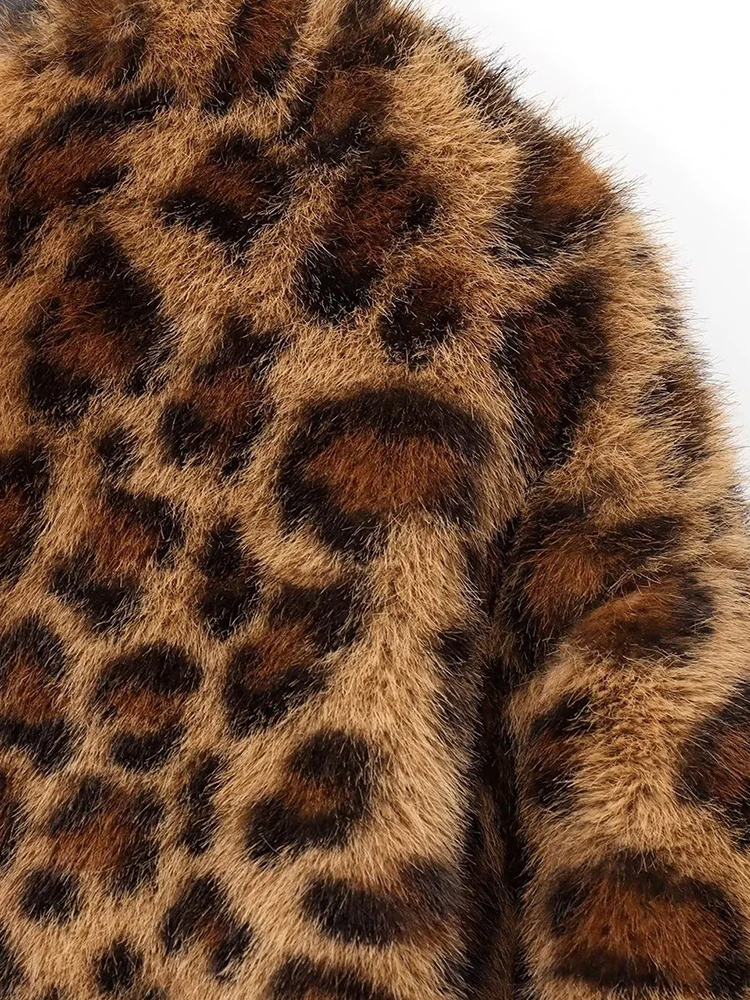 EWQ abrigo de piel con estampado de leopardo para mujer 2024 Otoño Invierno nuevo cuello redondo manga larga diseño de bolsillo chaquetas informales para mujer 27X1926