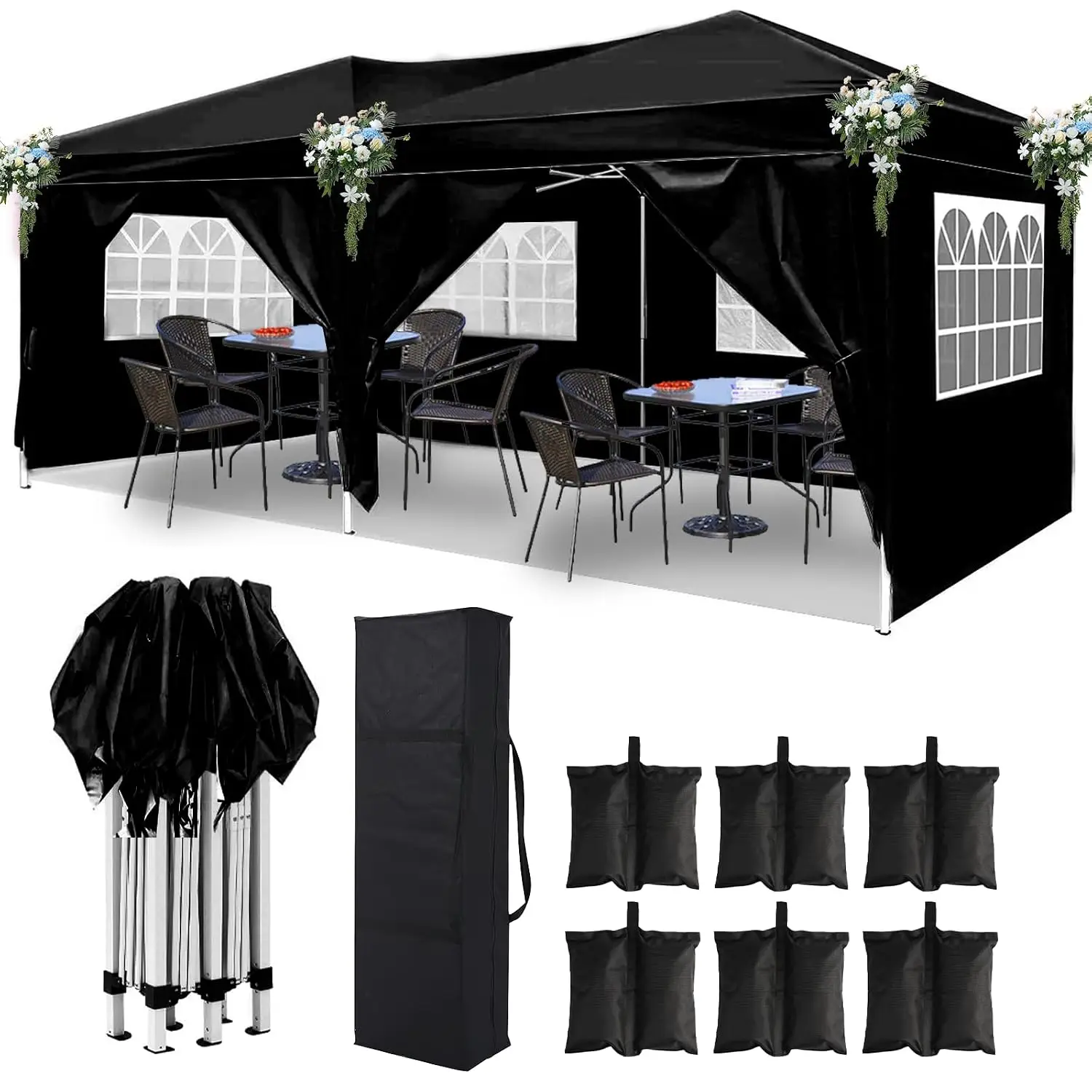 10x20 Black Pop Up Canopy Outdoor Party Tent with 6 Sidewalls, Wedding Party Tent Outdoor Waterproof UV50 Canopy, Customized