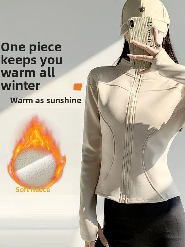 

Women's Fce Lined Yoga Jaet Zipper Long Sve Running Sport Riding Clothes Slim Fit Top Open Cardigan Autumn Winter