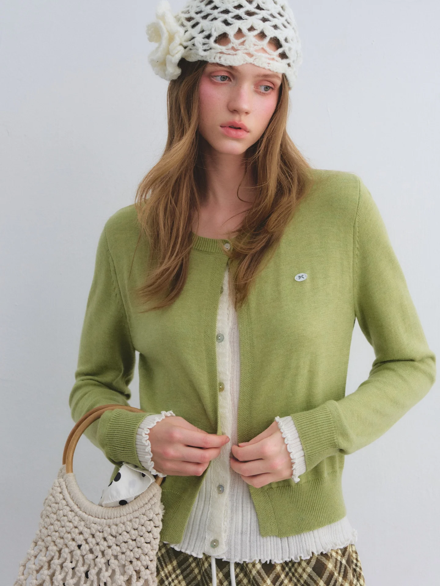 

AsGony Color Block Knitted Cardigan Fake Two-Piece Style Ear Look Casual Versatile Women's Long Sleeve Breathable Spring Fashion