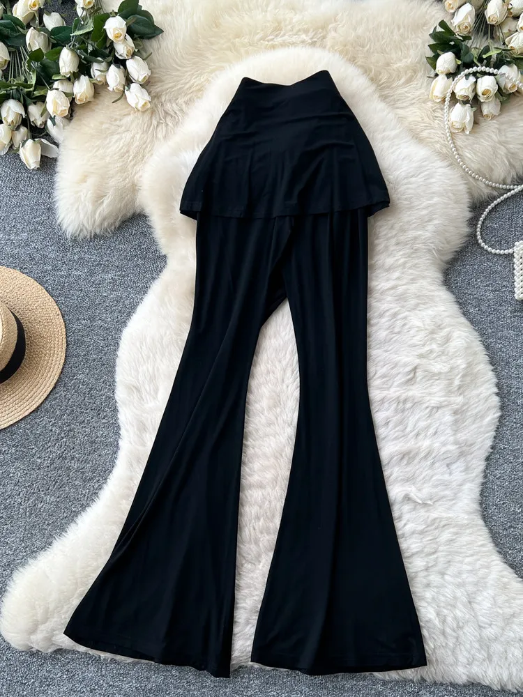 Korean Fashion Design Pantalones Mujer Solid Color Bandage Fake Two Piece High Waist Flare Pants Female Slim Women's Clothing
