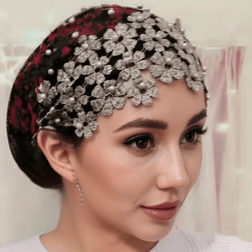 

Women Flower Turban Hat Embroidery Beading Muslim Islamic Head Wrap Middle East Turban Soft Stretchy Head Cover
