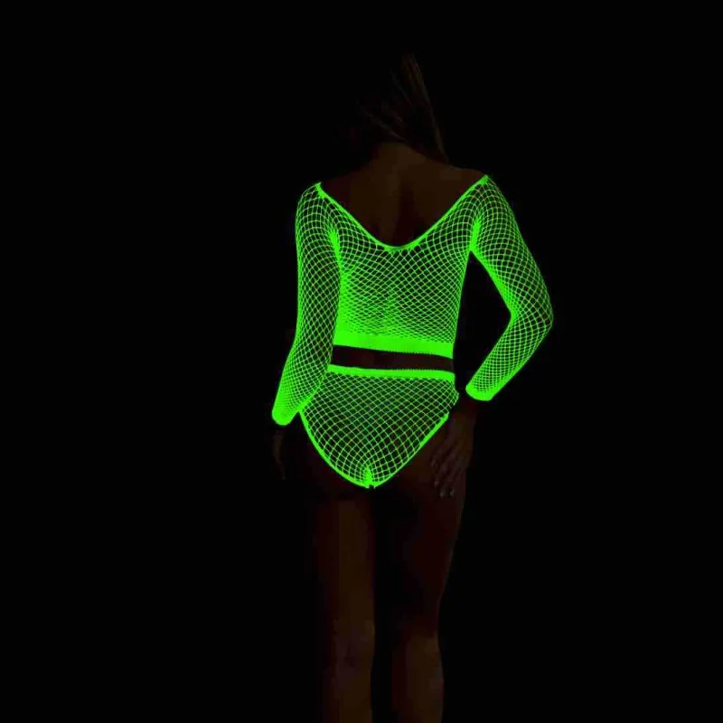 توهج الظلام بوديستوكينج الملابس الداخلية مثير الجوف خارج شبكة صيد السمك Catsuit انظر من خلال قطعة واحدة المرأة المثيرة مضيئة سيسي مجموعة