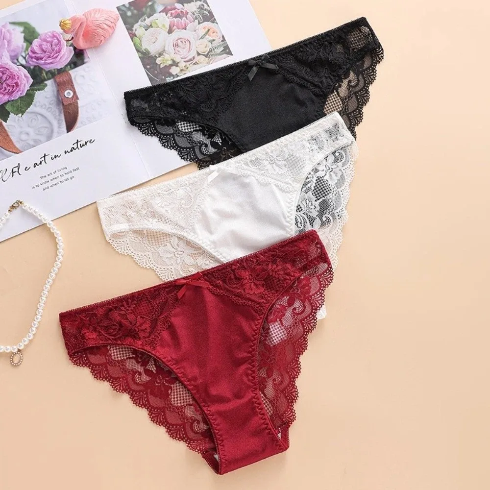 Breathable Mid Waist Women Underwear Seamless Lace Triangle Panties Ice Silk Lingerie Lace Silk Briefs Female