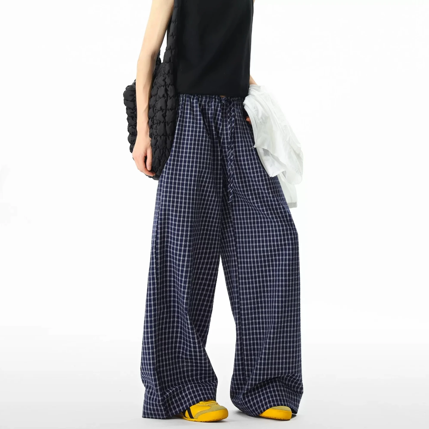 

Blue Plaid Cool Qui Dry Casual Pants Men Women Summer Lazy Wide Leg Pants Drape Straight Long Pants Harajuku Sle Youthful